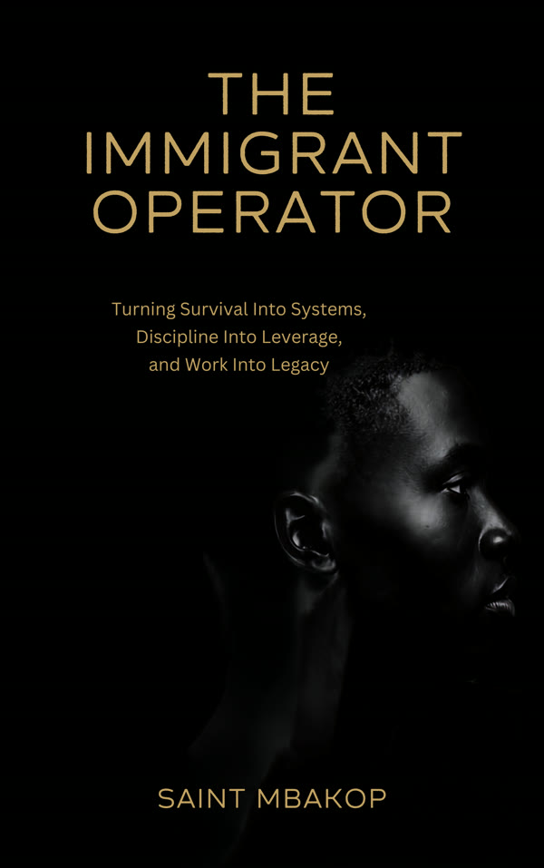 Book cover for The Immigrant Operator by Saint Mbakop, a black cover with gold title type and a shadowed profile portrait.